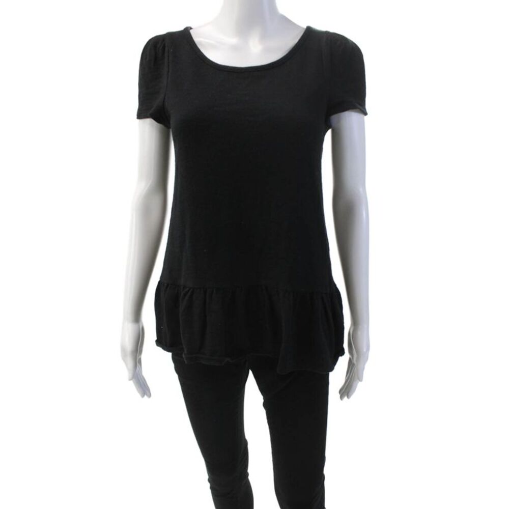 Leifnotes Womens Cotton Short Sleeve Gathered Ruffled Hem Top Black Size XS